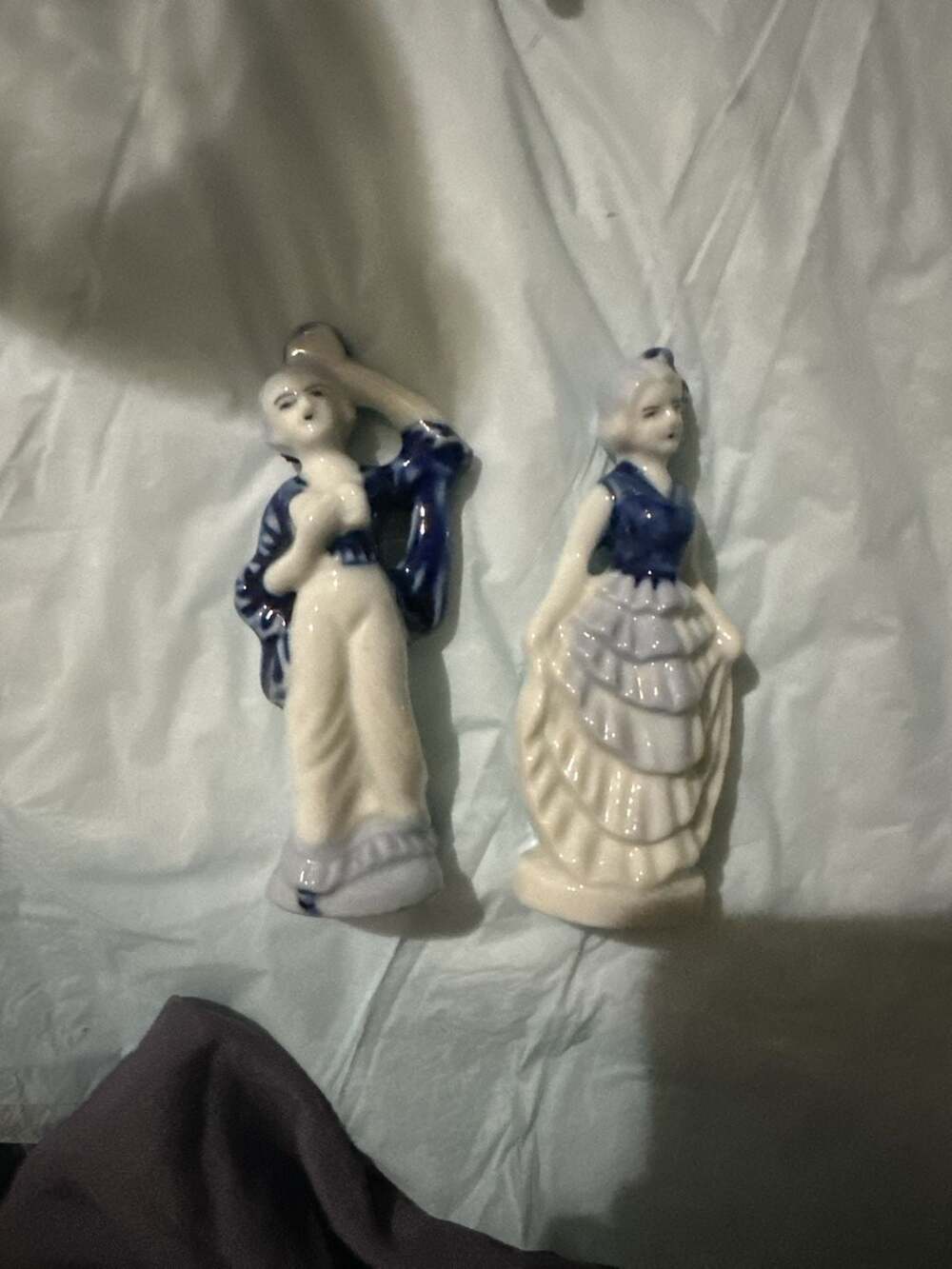 Set of 2 Vintage Blue White Porcelain Figurines: Victorian Couple Playing Music
